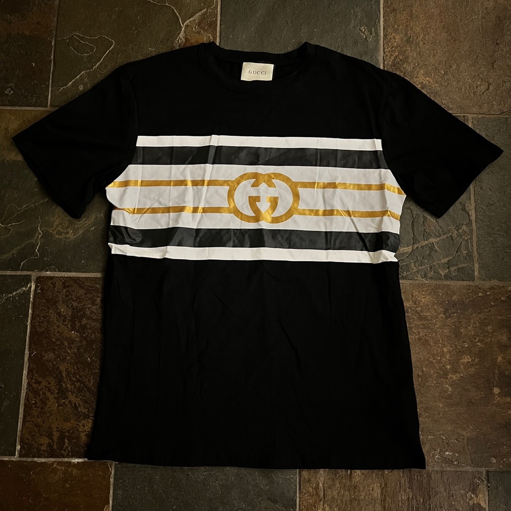 Gucci Black Tee with Gold and White Accents